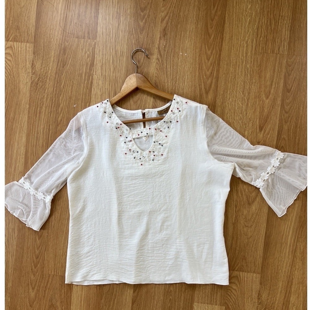 Gavin Women's Top Beaded Size Small Sheer Bell Sleeves Keyhole Boho Peasant‎